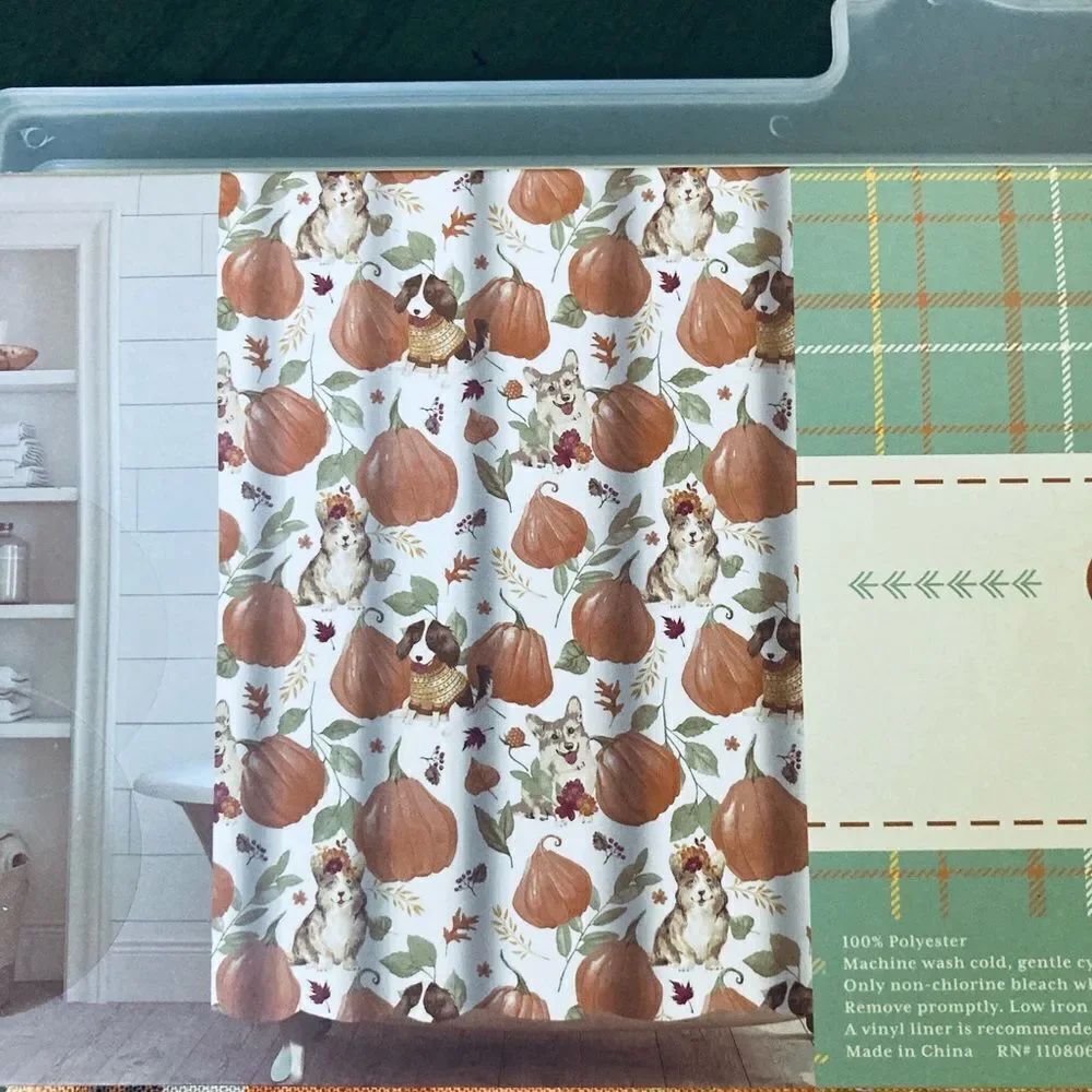 Fall Autumn Dogs Pumpkin Patch Fabric Shower Curtain